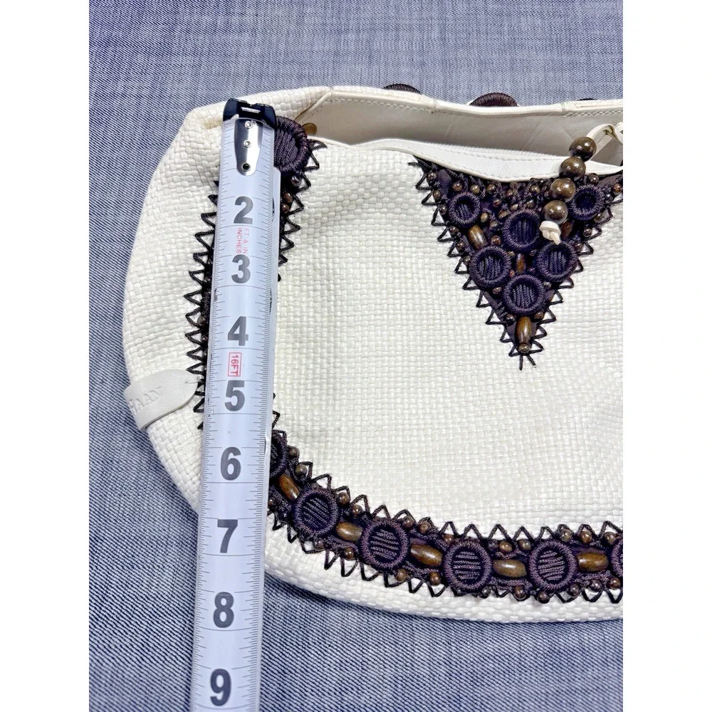Cole Haan Alyssa Bead Cream Woven Straw Shoulder Bag Vintage Wood Trim Purse